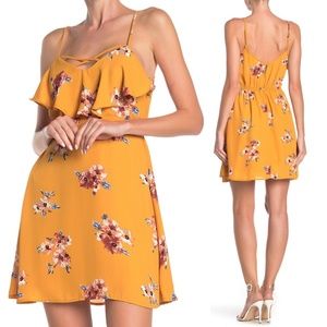 RowA Mustard Floral Ruffle Popover Cute Mini Dress
